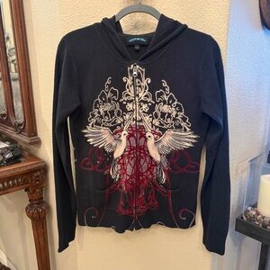 TILL THE END Black Full Zip Y2K Floral Doves Design Hoodie Knit Cardigan-Medium